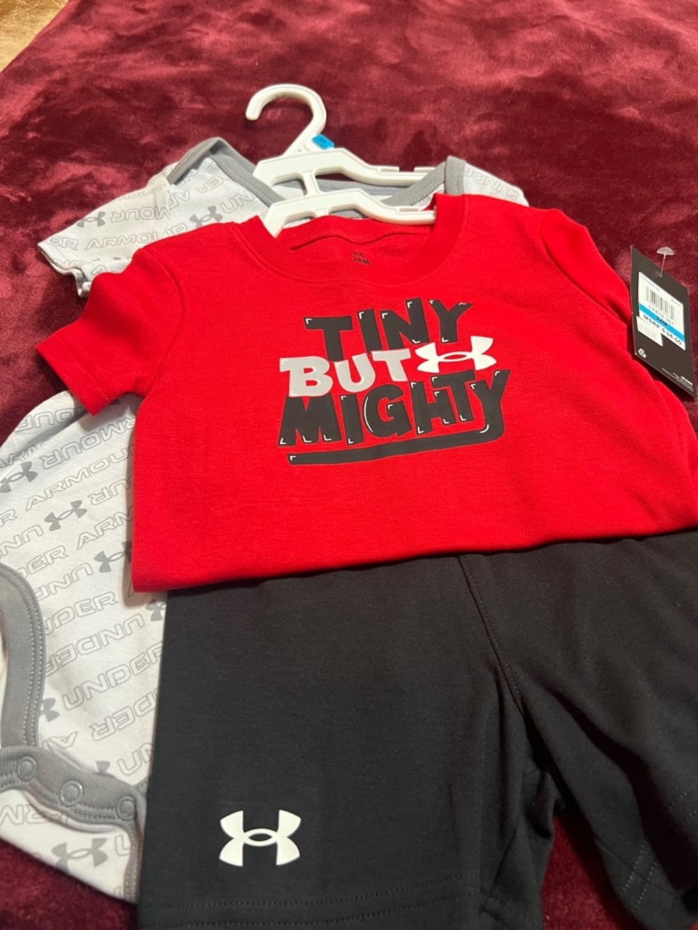 NWT boys 3pc set. Under Armour Red 'Tiny But Mighty' Baby Set with Black Shorts